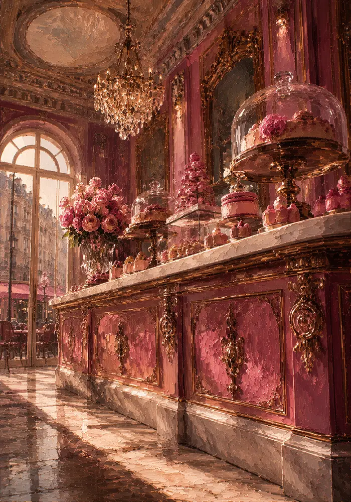 Patisserie Portrait Marble Counter Displaying Refined Confections Pink Kitchen Wall Art