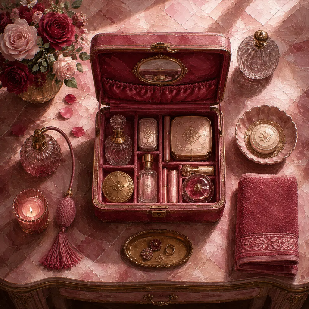Powder Emblem Vintage Cosmetics Case Opened Pink Bedroom Wall Art