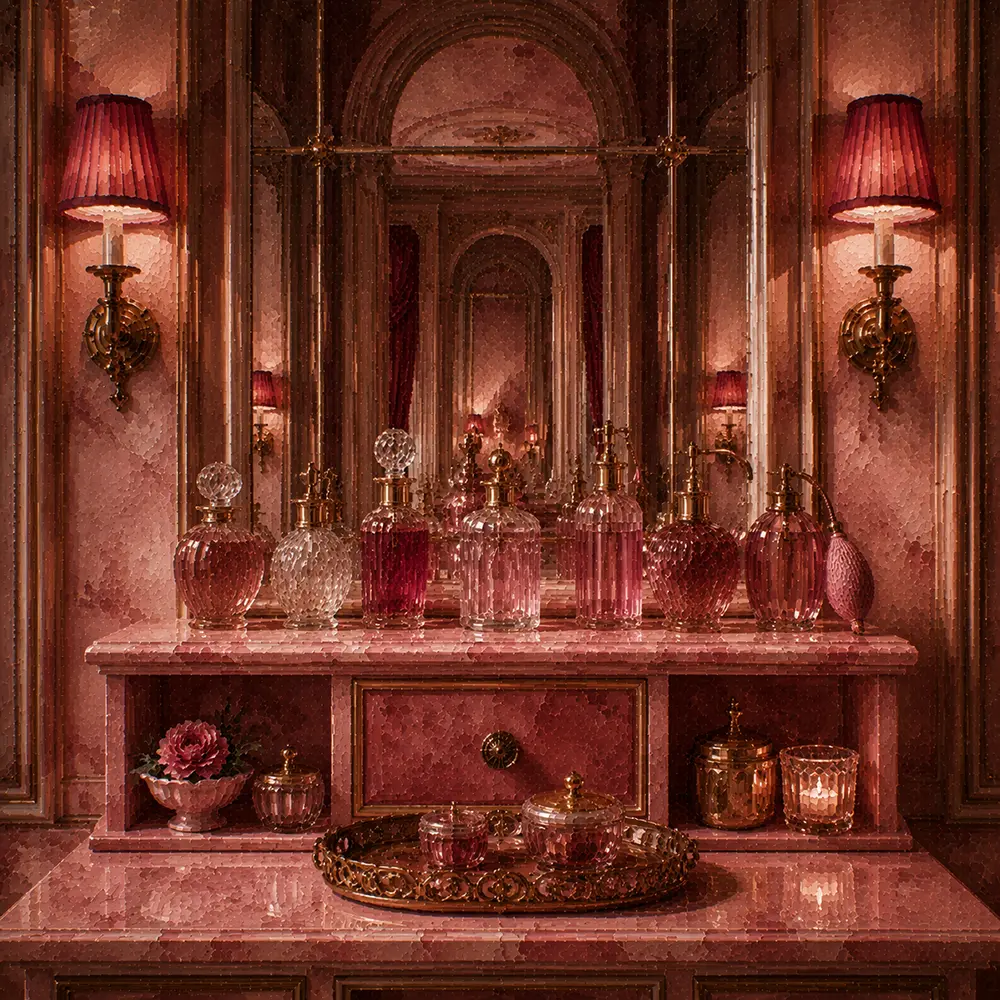 Powder Ritual Row Of Perfume Bottles Pink Dressing Room Wall Art