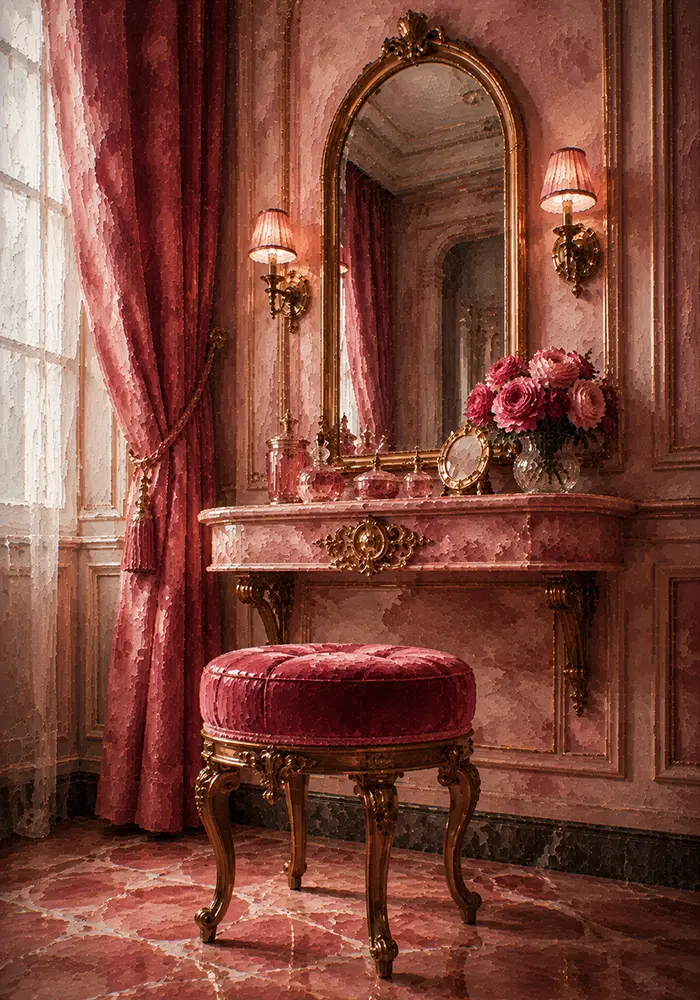 Powder Portrait Velvet Stool Pink Bathroom Wall Art