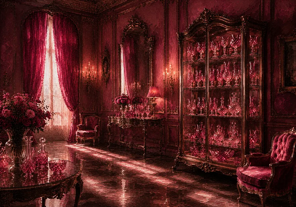 Rose Glass Passage Cabinet Filled With Translucent Rose Objects Pink Entryway Wall Art