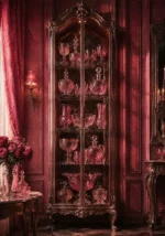Rose Glass Ascent Cabinet Filled With Translucent Rose Objects Pink Entryway Wall Art