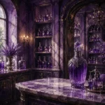 Lavender Passage Marble Counter With A Single Sculptural Flacon Purple Bathroom Wall Art