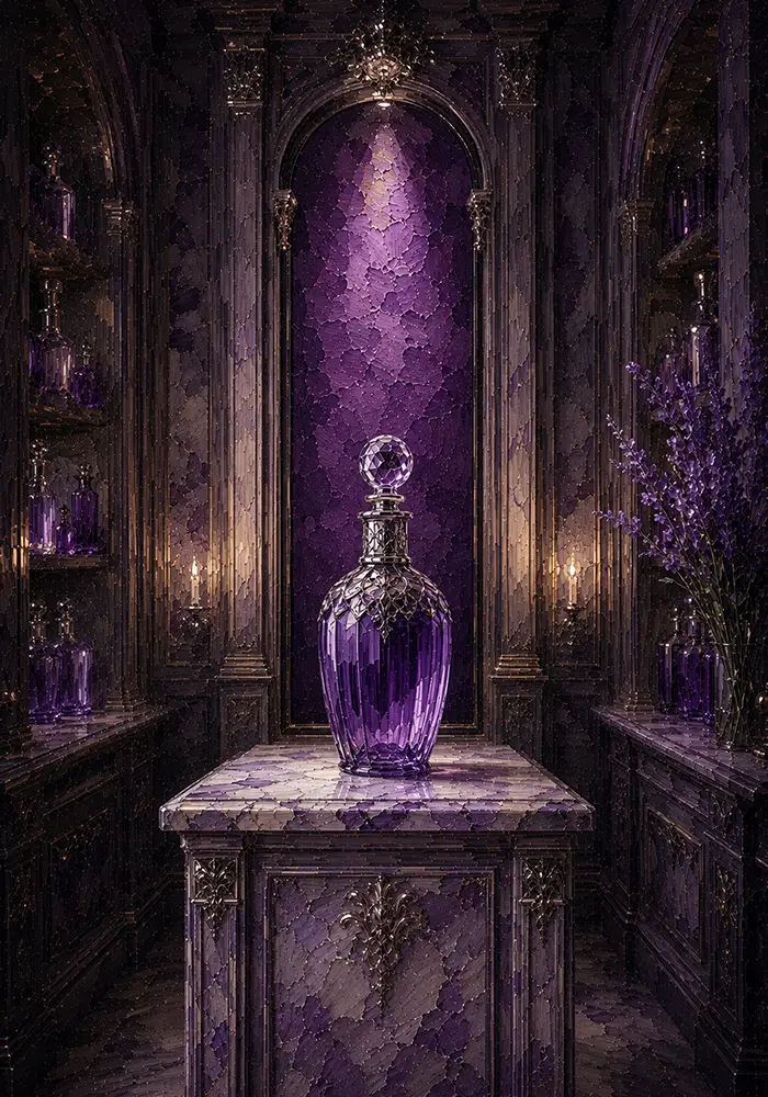 Lavender Ascent Marble Counter With A Single Sculptural Flacon Purple Bathroom Wall Art