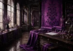 Plum Passage Tailor's Worktable With Folded Plum Textiles Purple Dressing Room Wall Art