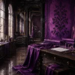 Plum Passage Tailor's Worktable With Folded Plum Textiles Purple Dressing Room Wall Art