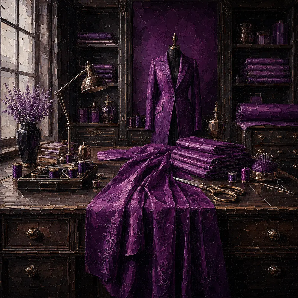 Plum Constellation Tailor's Worktable With Folded Plum Textiles Purple Dressing Room Wall Art