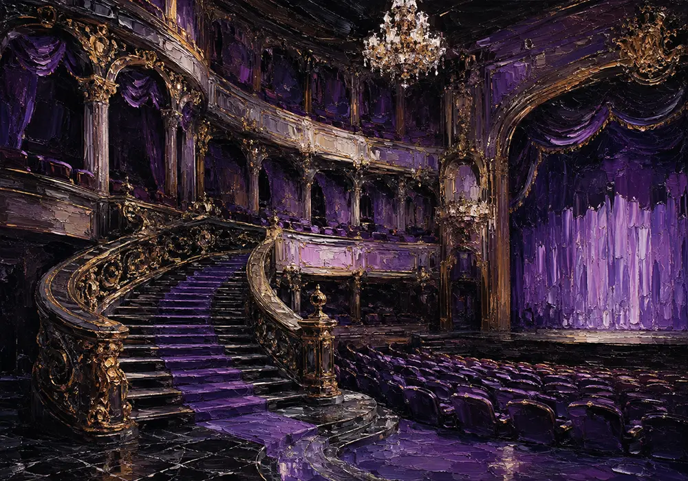 Violet Chronicle Curved Staircase Leading To Balcony Seats Purple Home Theater Wall Art