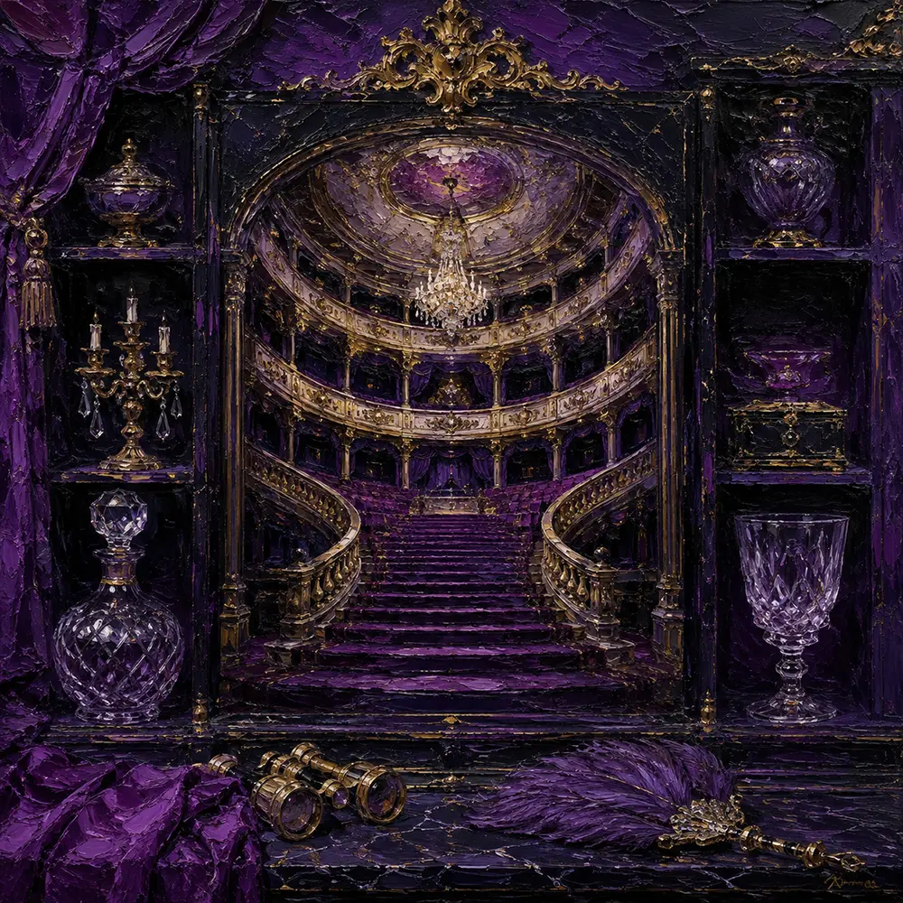 Violet Ritual Curved Staircase Leading To Balcony Seats Purple Home Theater Wall Art