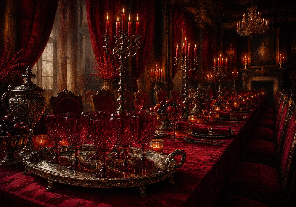 Banquet Interlude Ornate Serving Tray With Ruby Goblets Red Dining Room Wall Art