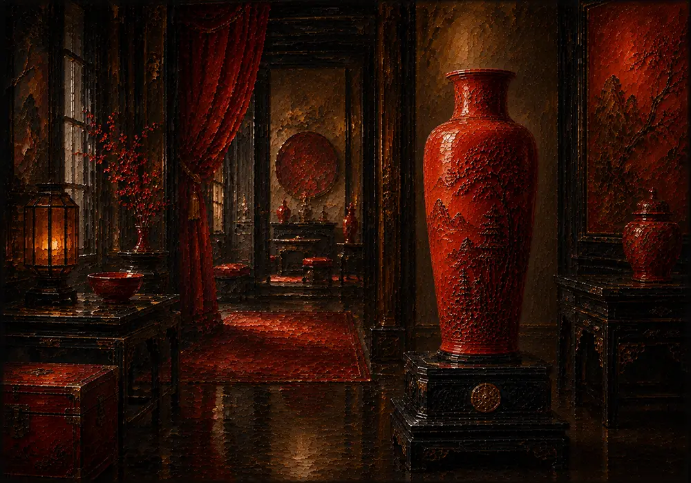 Lacquer Procession Tall Cinnabar Vase Red Entryway Wall Art