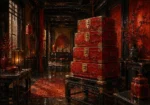 Lacquer Salon Stacked Lacquer Boxes With Engraved Lids Red Living Room Wall Art