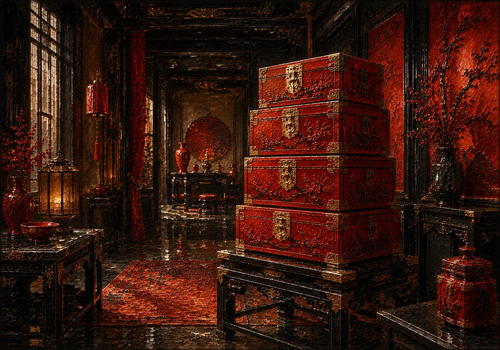 Lacquer Salon Stacked Lacquer Boxes With Engraved Lids Red Living Room Wall Art