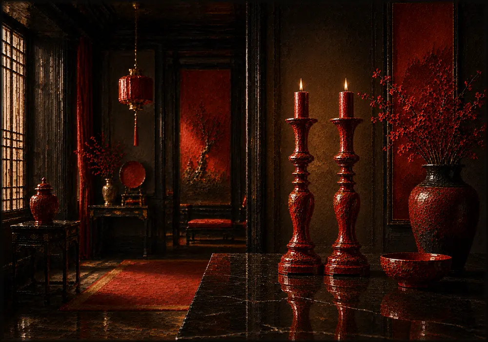 Lacquer Passage Pair Of Red Candlesticks Red Dining Room Wall Art