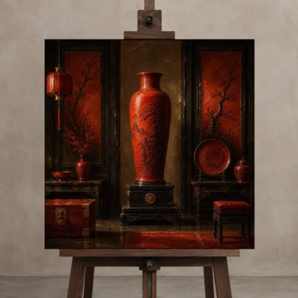 Premium Wall Art Kare Html Edition – NM3-RED-LO-S-001 displayed on a studio easel