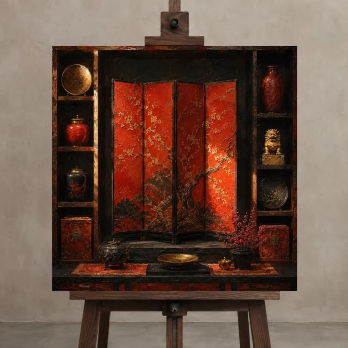 Premium Wall Art Kare Html Edition – NM3-RED-LO-S-003 displayed on a studio easel