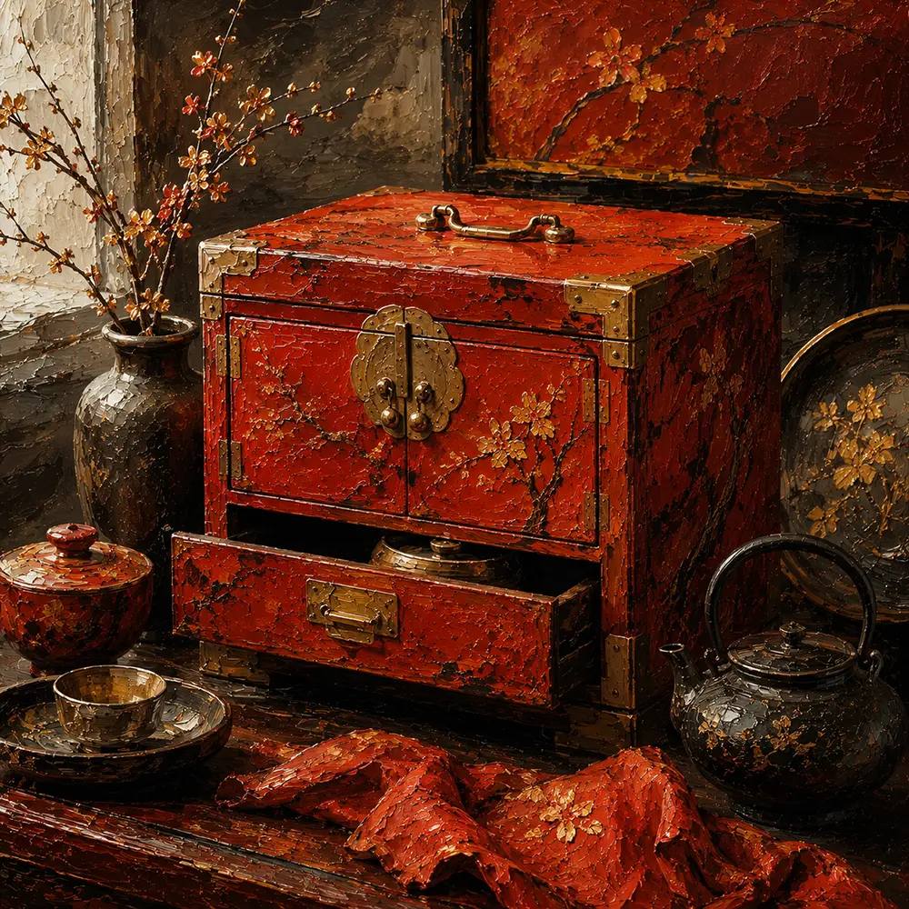 Lacquer Study Lacquer Tea Chest With Brass Fittings Red Home Office Wall Art