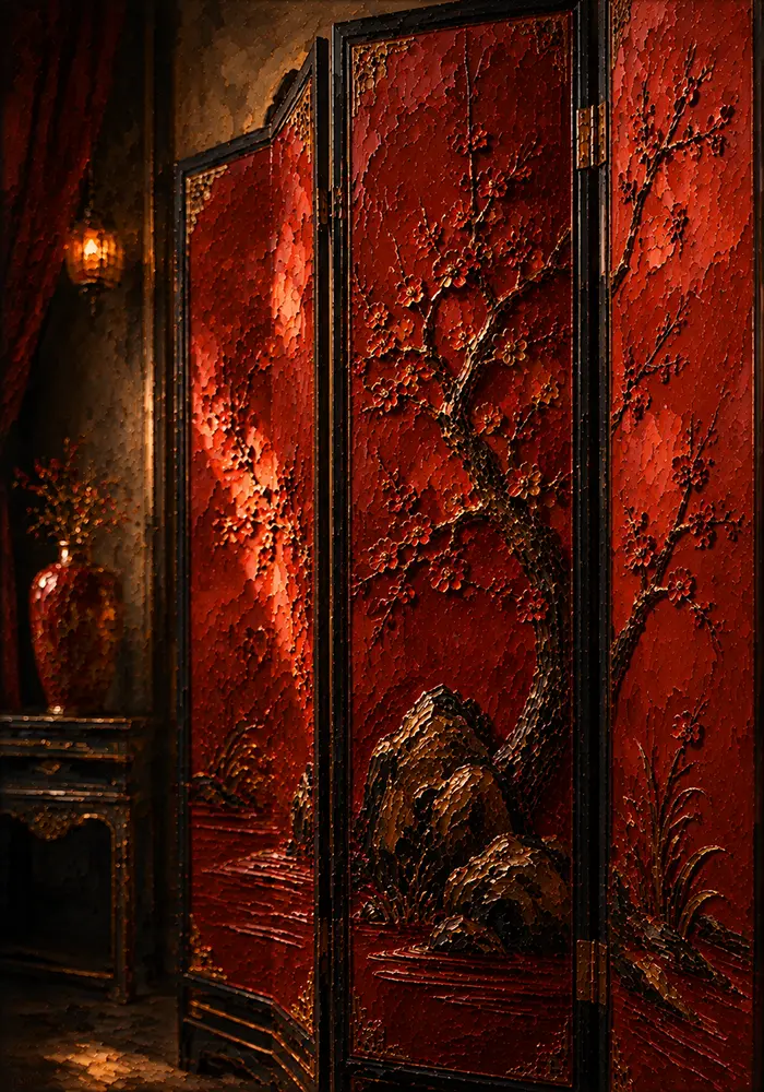 Lacquer Reliquary Sculptural Red Folding Screen Red Living Room Wall Art