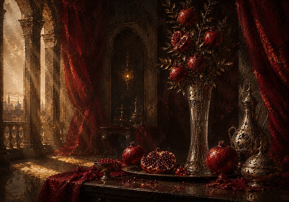 Pomegranate Passage Tall Glass Vessel Red Dining Room Wall Art