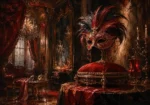 Masquerade Procession Feathered Mask Red Dressing Room Wall Art