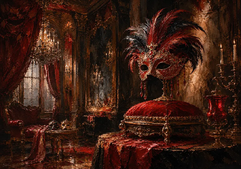 Masquerade Procession Feathered Mask Red Dressing Room Wall Art