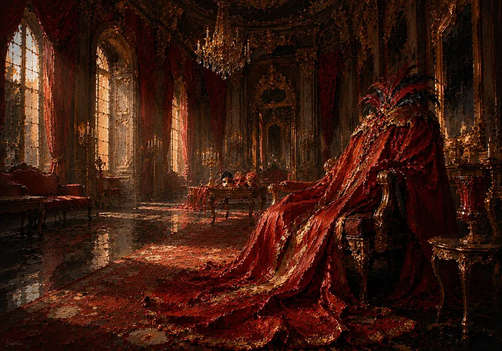 Masquerade Interlude Ceremonial Cape Draped Over A Carved Chair Red Living Room Wall Art