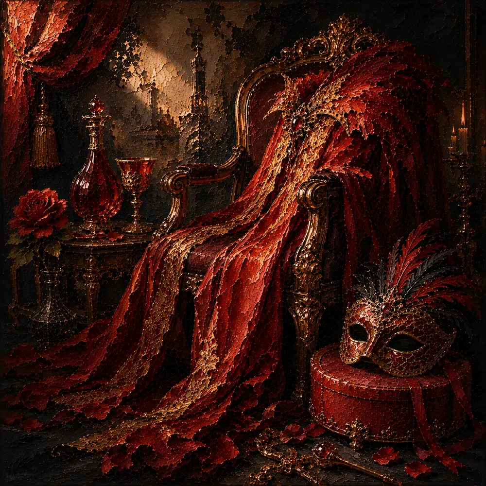 Masquerade Study Ceremonial Cape Draped Over A Carved Chair Red Living Room Wall Art