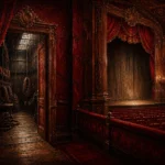 Velvet Passage Backstage Doorway With Coiled Ropes And Pulleys Red Home Theater Wall Art