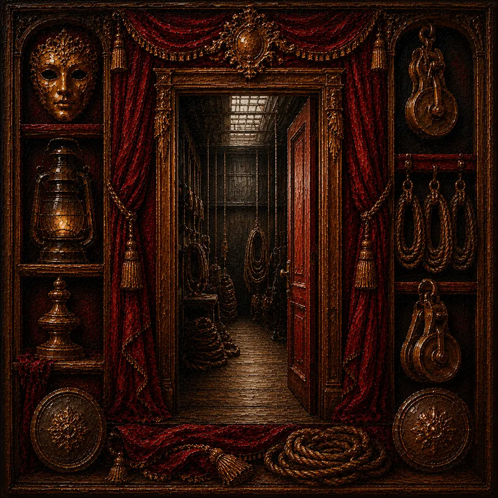 Velvet Constellation Backstage Doorway With Coiled Ropes And Pulleys Red Home Theater Wall Art