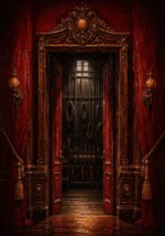 Velvet Ascent Backstage Doorway With Coiled Ropes And Pulleys Red Home Theater Wall Art