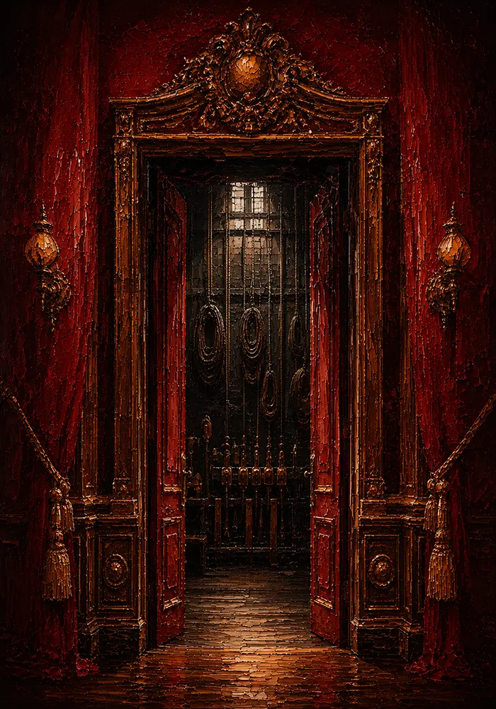Velvet Ascent Backstage Doorway With Coiled Ropes And Pulleys Red Home Theater Wall Art