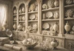 Ivory Interlude Cabinet Of White Shells And Mineral Forms White Entryway Wall Art