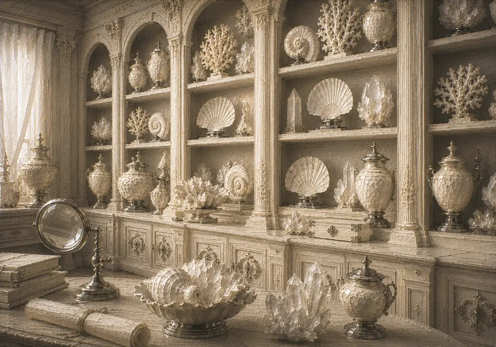 Ivory Interlude Cabinet Of White Shells And Mineral Forms White Entryway Wall Art