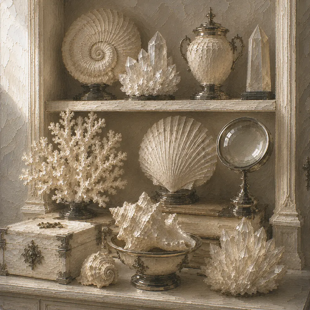Ivory Study Cabinet Of White Shells And Mineral Forms White Entryway Wall Art