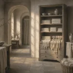 Linen Passage Cabinet Of Folded Textiles And Ribbon White Bedroom Wall Art
