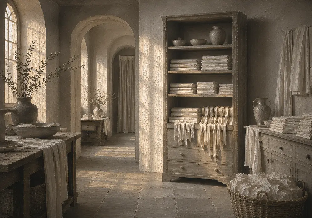 Linen Passage Cabinet Of Folded Textiles And Ribbon White Bedroom Wall Art