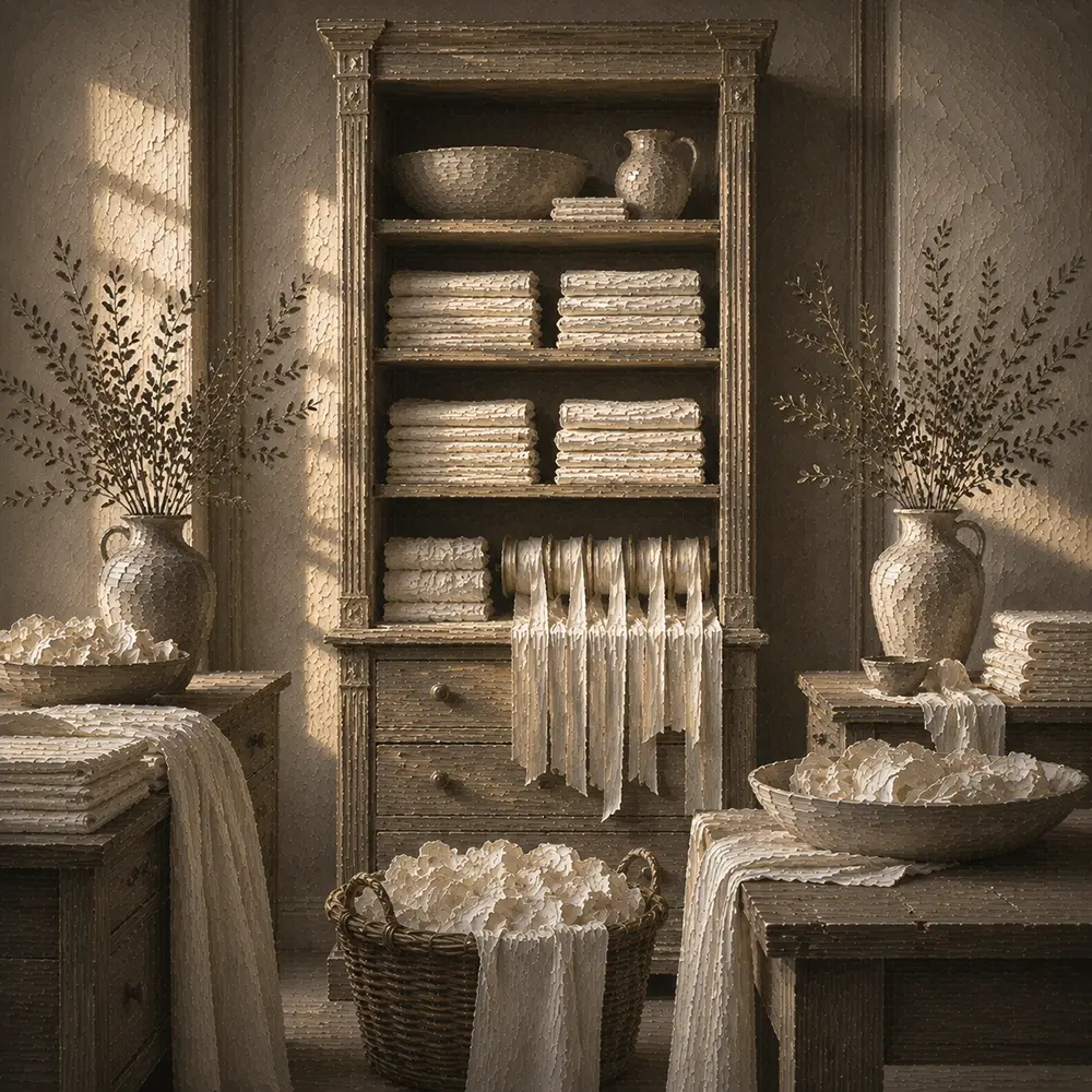 Linen Constellation Cabinet Of Folded Textiles And Ribbon White Bedroom Wall Art