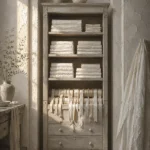 Linen Ascent Cabinet Of Folded Textiles And Ribbon White Bedroom Wall Art