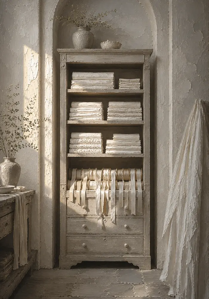 Linen Ascent Cabinet Of Folded Textiles And Ribbon White Bedroom Wall Art