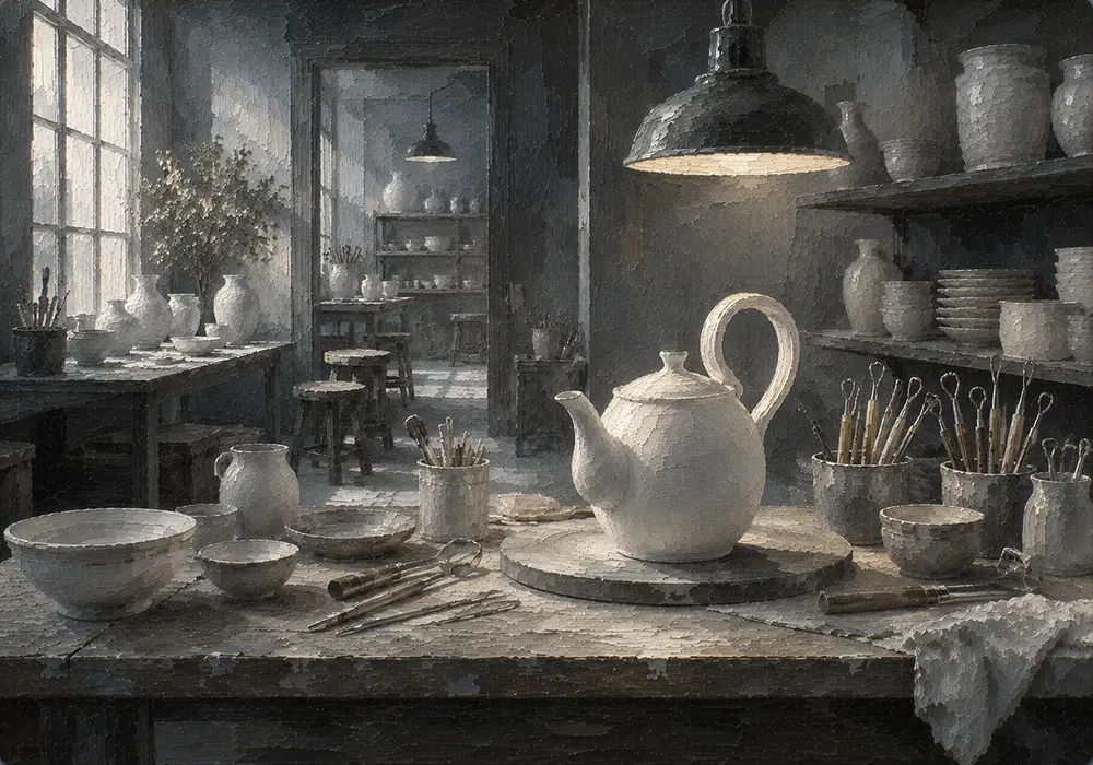 Porcelain White Chronicle Sculptural Teapot White Kitchen Wall Art