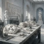Sculpture Interlude Conservation Table With Brushes And Fragments White Study Wall Art