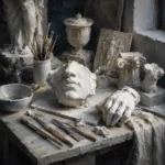 Sculpture Study Conservation Table With Brushes And Fragments White Study Wall Art