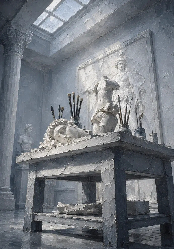 Sculpture Portrait Conservation Table With Brushes And Fragments White Study Wall Art