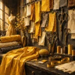 Canary Study Wall Of Fabric Swatches And Brass Scissors Yellow Living Room Wall Art