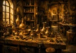 Workshop Chronicle Brassmaker's Table With Unfinished Vessels Yellow Living Room Wall Art