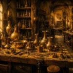 Workshop Chronicle Brassmaker's Table With Unfinished Vessels Yellow Living Room Wall Art