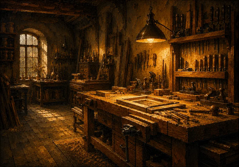 Workshop Passage Cabinetmaker's Workbench Yellow Entryway Wall Art