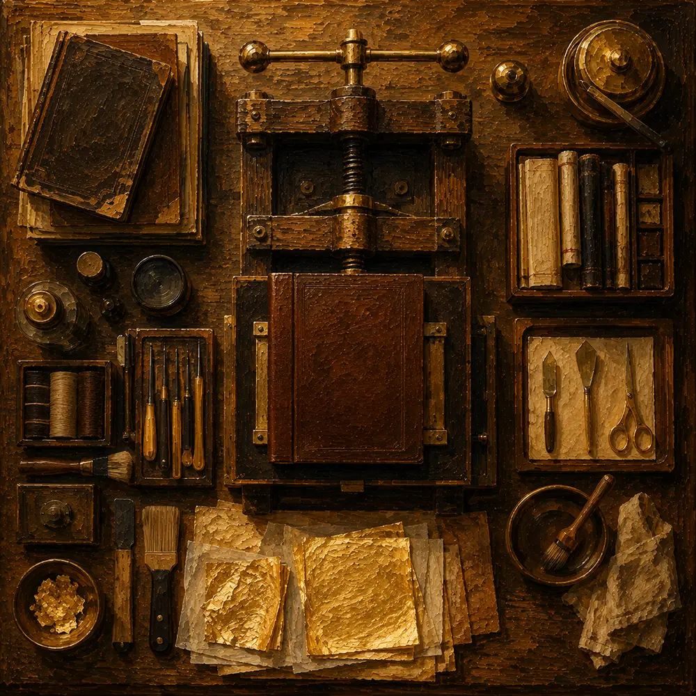 Workshop Emblem Bookbinder's Press Yellow Study Wall Art