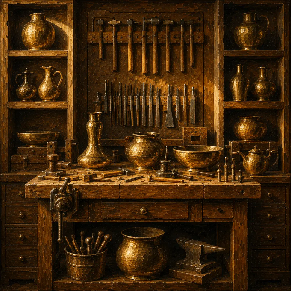 Workshop Ritual Brassmaker's Table With Unfinished Vessels Yellow Living Room Wall Art
