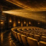 Cinema Interlude Projector Casting A Beam Across Empty Seats Yellow Home Theater Wall Art